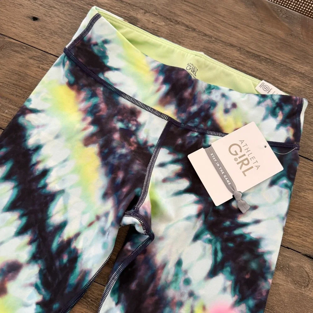 Athleta Girl Chit Chat Tight XL 14 Black Lime Green Tie Dye Leggings‎ NWT New